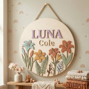 Personalized Wooden Name Sign For Nursery, Custom Orange Lily Wood Wall Decor For Kids Room, Baby Shower Gifts, Newborn Keepsake