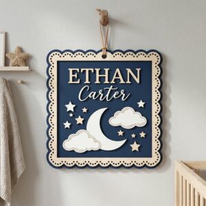 Personalized Wooden Name Sign For Nursery, Baby Shower Gifts, Newborn Keepsake, Custom Navy Moon Clouds Stars Wood Wall Decor For Baby Boy Nursery Art