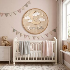 Personalized Wooden Name Sign For Nursery, Baby Shower Gifts, Newborn Keepsake, Moon Cloud Round Wall Decor Kids Room Custom Wood Plaque Gifts