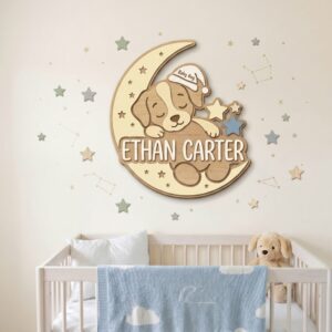 Personalized Wooden Name Sign For Nursery, Baby Shower Gifts, Newborn Keepsake, Custom Sleeping Puppy Moon Stars Wood Wall Decor For Boy Nursery