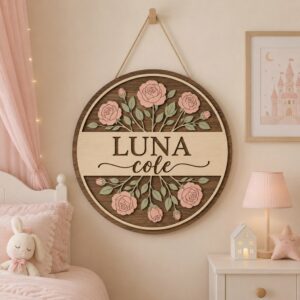 Personalized Wooden Name Sign For Nursery, Custom Pink Rose Wood Wall Decor For Kids Room, Baby Shower Gifts, Newborn Keepsake