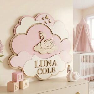 Personalized Wooden Name Sign For Nursery, Baby Shower Gifts, Newborn Keepsake, Custom Swan Clouds Stars Wood Wall Decor For Baby Girl Nursery