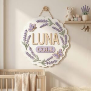Personalized Wooden Name Sign For Nursery, Custom Lavender Butterfly Wood Wall Decor For Kids Room, Baby Shower Gifts, Newborn Keepsake