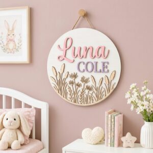 Personalized Wooden Name Sign For Nursery, Custom Neutral Botanical Wood Wall Decor For Kids Room, Baby Shower Gifts, Newborn Keepsake