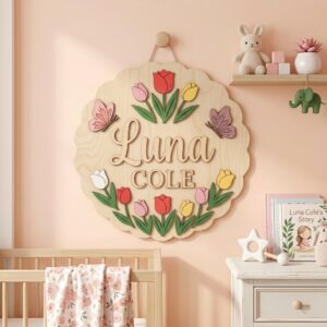 Personalized Wooden Name Sign For Nursery, Custom Tulip Butterfly Wood Wall Decor For Kids Room, Baby Shower Gifts, Newborn Keepsake