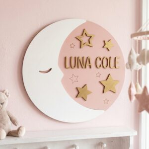 Personalized Wooden Name Sign For Nursery, Baby Shower Gifts, Newborn Keepsake, Custom Pink Moon Stars Wood Wall Decor For Baby Girl Nursery, Wall Art