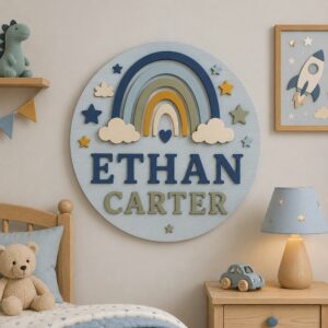 Personalized Wooden Name Sign For Nursery, Custom Rainbow Star Name Plaque For Nursery Room Decor, Baby Shower Gifts