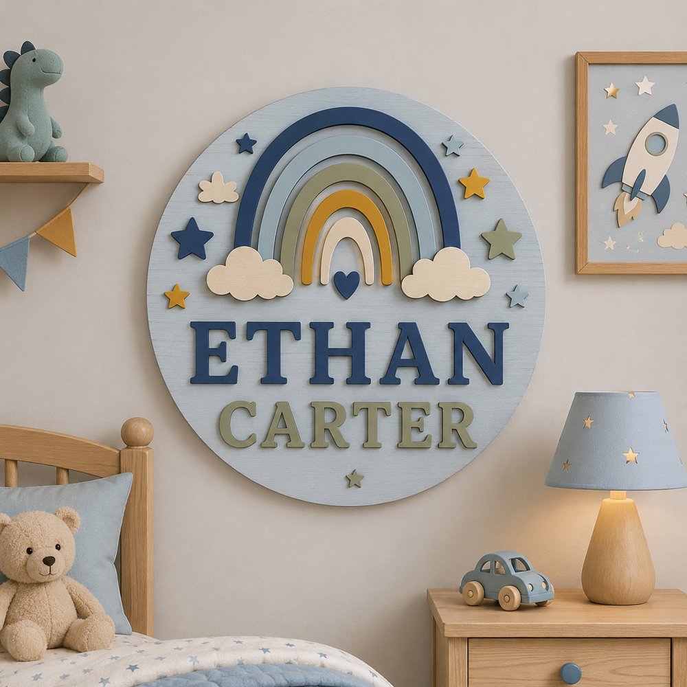 Personalized Wooden Name Sign For Nursery, Custom Rainbow Star Name Plaque For Nursery Room Decor, Baby Shower Gifts