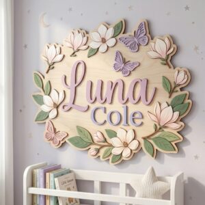 Personalized Wooden Name Sign For Nursery, Baby Shower Gifts, Newborn Keepsake, Magnolia Butterfly Nursery Wall Decor Baby Girl Room Custom Plaque