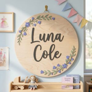 Personalized Wooden Name Sign For Nursery, Baby Shower Gifts, Newborn Keepsake, Custom Bluebell Floral Wood Wall Decor For Baby Girl Nursery, Wall Art