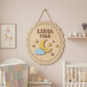 Personalized Wooden Name Sign For Nursery, Baby Shower Gifts, Newborn Keepsake, Custom Moon Stars Wood Wall Decor For Kids Room, Scalloped Plaque Sign