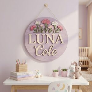 Personalized Wooden Name Sign For Nursery, Custom Pink Carnation Wood Wall Decor For Kids Room, Baby Shower Gifts, Newborn Keepsake