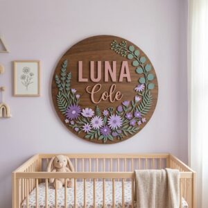 Personalized Wooden Name Sign For Nursery, Baby Shower Gifts, Newborn Keepsake, Custom Floral Wood Wall Decor For Kids Room, Round Flower Plaque Signs