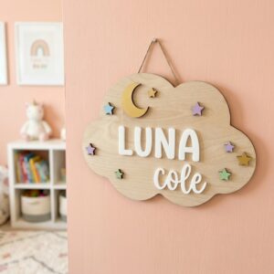 Personalized Wooden Name Sign For Nursery, Baby Shower Gifts, Newborn Keepsake, Custom Pastel Moon Stars Wood Wall Decor For Baby Girl Nursery
