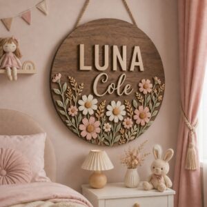 Personalized Wooden Name Sign For Nursery, Custom Daisy Wildflower Wood Wall Decor For Kids Room, Baby Shower Gifts, Newborn Keepsake