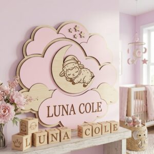 Personalized Wooden Name Sign For Nursery, Baby Shower Gifts, Newborn Keepsake, Sleeping Lamb Moon Cloud Wall Decor Baby Girl Room Plaque Gifts