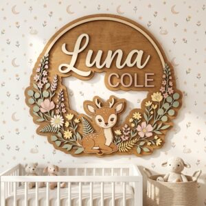 Personalized Wooden Name Sign For Nursery, Custom Woodland Deer Wooden Wall Sign For Kids Room, Baby Shower Gifts, Newborn Keepsake
