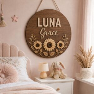Personalized Wooden Name Sign For Nursery, Custom Rustic Sunflower Wood Wall Decor For Kids Room, Round Sign, Baby Shower Gifts, Newborn Keepsake