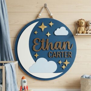 Personalized Wooden Name Sign For Nursery, Baby Shower Gifts, Newborn Keepsake, Custom Navy Moon Stars Cloud Wood Wall Decor For Baby Boy Nursery Sign