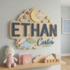 Personalized Wooden Name Sign For Nursery, Baby Shower Gifts, Newborn Keepsake Custom Moon Stars Cloud Wood Wall Decor For Kids Room