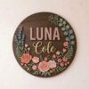 Personalized Wooden Name Sign For Nursery, Baby Shower Gifts, Newborn Keepsake, Floral Dark Wood Round Wall Decor Baby Girl Room Custom Roses Wall Art