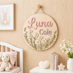 Personalized Wooden Name Sign For Nursery, Custom Daisy Meadow Wood Wall Decor For Kids Room, Baby Shower Gifts, Newborn Keepsake