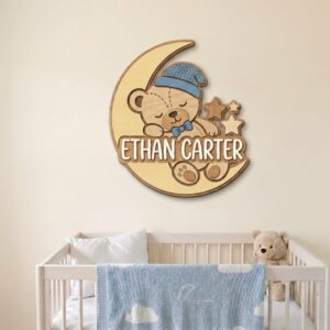 Personalized Wooden Name Sign For Nursery, Baby Shower Gifts, Newborn Keepsake, Sleeping Bear Moon Wall Decor For Kids Room Custom Baby Plaque