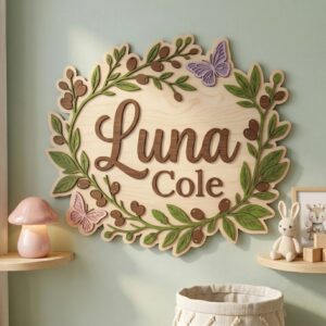 Personalized Wooden Name Sign For Nursery, Baby Shower Gifts, Newborn Keepsake, Custom Leafy Butterfly Wreath Wood Wall Decor For Baby Girl Room
