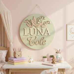 Personalized Wooden Name Sign For Nursery, Custom Lily Of The Valley Wood Wall Decor For Kids Room, Baby Shower Gifts, Newborn Keepsake