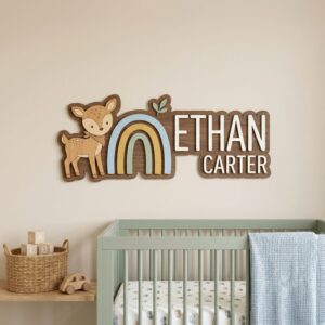Personalized Wooden Name Sign For Nursery, Baby Shower Gifts, Newborn Keepsake, Deer Rainbow Nursery Wall Decor Kids Room Custom Wood Plaque Gift Sign
