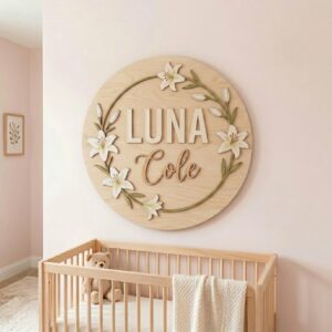 Personalized Wooden Name Sign For Nursery, Baby Shower Gifts, Newborn Keepsake, Custom Lily Flower Wreath Wood Wall Decor For Baby Girl Room, Wall Art