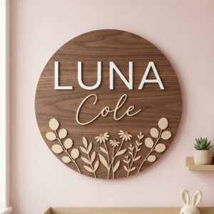 Personalized Wooden Name Sign For Nursery, Baby Shower Gifts, Newborn Keepsake, Custom Daisy Eucalyptus Wood Wall Decor For Baby Girl Room, Plaque Art