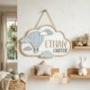 Personalized Wooden Name Sign For Nursery, Baby Shower Gifts, Newborn Keepsake, Custom Hot Air Balloon Clouds Wood Wall Decor For Baby Boy Room Plaque