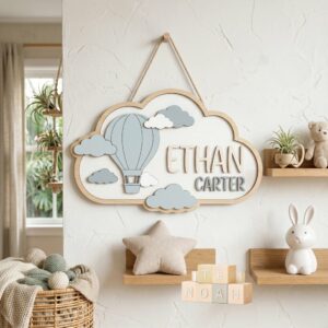 Personalized Wooden Name Sign For Nursery, Baby Shower Gifts, Newborn Keepsake, Custom Hot Air Balloon Clouds Wood Wall Decor For Baby Boy Room Plaque
