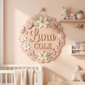 Personalized Wooden Name Sign For Nursery, Custom Lily Butterfly Wood Wall Decor For Kids Room, Baby Shower Gifts, Newborn Keepsake