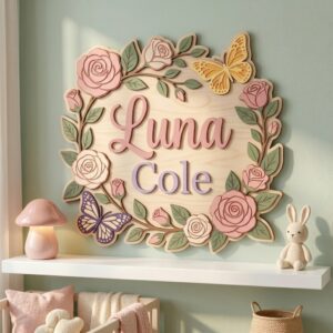 Personalized Wooden Name Sign For Nursery, Baby Shower Gifts, Newborn Keepsake, Custom Roses Butterfly Floral Wood Wall Decor For Baby Girl Room
