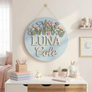 Personalized Wooden Name Sign For Nursery, Custom Wildflower Botanical Wood Wall Decor For Kids Room, Baby Shower Gifts, Newborn Keepsake