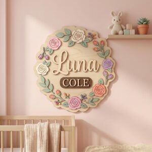Personalized Wooden Name Sign For Nursery, Custom Rose Floral Wood Wall Decor For Kids Room, Baby Shower Gifts, Newborn Keepsake