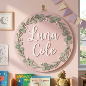 Personalized Wooden Name Sign For Nursery, Baby Shower Gifts, Newborn Keepsake, Custom Eucalyptus Wreath Wood Wall Decor For Baby Girl Nursery