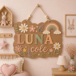 Personalized Wooden Name Sign For Nursery, Custom Boho Rainbow Floral Wood Wall Decor For Kids Room, Baby Shower Gifts, Newborn Keepsake