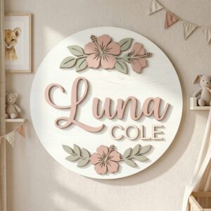 Personalized Wooden Name Sign For Nursery, Baby Shower Gifts, Newborn Keepsake, Custom Hibiscus Floral Wood Wall Decor For Baby Girl Room Plaque Decor