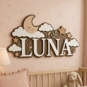 Personalized Wooden Name Sign For Nursery, Custom Moon Cloud Wooden Wall Sign For Kids Room, Baby Shower Gifts, Newborn Keepsake
