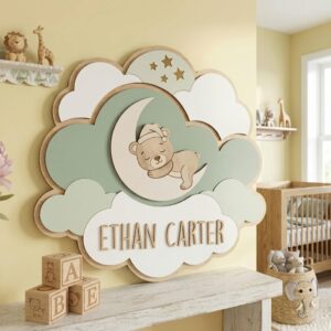 Personalized Wooden Name Sign For Nursery, Baby Shower Gifts, Newborn Keepsake, Custom Sleeping Bear Moon Clouds Wood Wall Decor For Boy Nursery