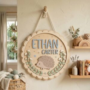 Personalized Wooden Name Sign For Nursery, Baby Shower Gifts, Newborn Keepsake, Hedgehog Floral Round Wall Decor Kids Room Custom Wood Plaque Gift