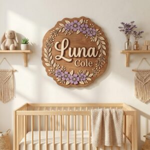 Personalized Wooden Name Sign For Nursery, Baby Shower Gifts, Newborn Keepsake, Custom Purple Floral Wreath Wood Wall Decor For Baby Girl Room