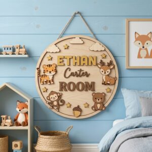 Personalized Wooden Name Sign For Nursery, Baby Shower Gifts, Newborn Keepsake, Custom Safari Animal Room Wood Wall Decor For Baby Boy Bedroom, Plaque