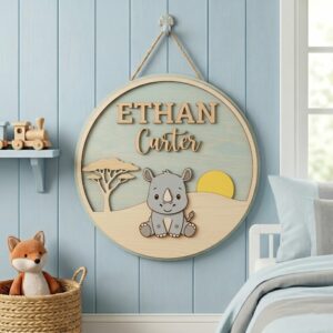 Personalized Wooden Name Sign For Nursery, Baby Shower Gifts, Newborn Keepsake, Rhino Safari Round Wall Decor Kids Room Custom Plaque Gifts