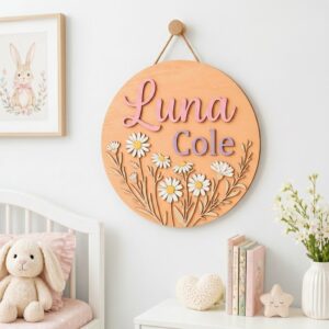 Personalized Wooden Name Sign For Nursery, Custom Daisy Wood Wall Decor For Kids Room, Baby Shower Gifts, Newborn Keepsake