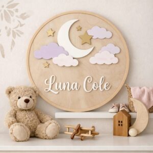 Personalized Wooden Name Sign For Nursery, Baby Shower Gifts, Newborn Keepsake, Custom Pastel Moon Clouds Wood Wall Decor For Baby Girl Nursery Plaque