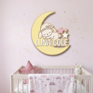 Personalized Wooden Name Sign For Nursery, Baby Shower Gifts, Newborn Keepsake, Custom Sleeping Bunny Moon Stars Wood Wall Decor For Baby Girl Nursery